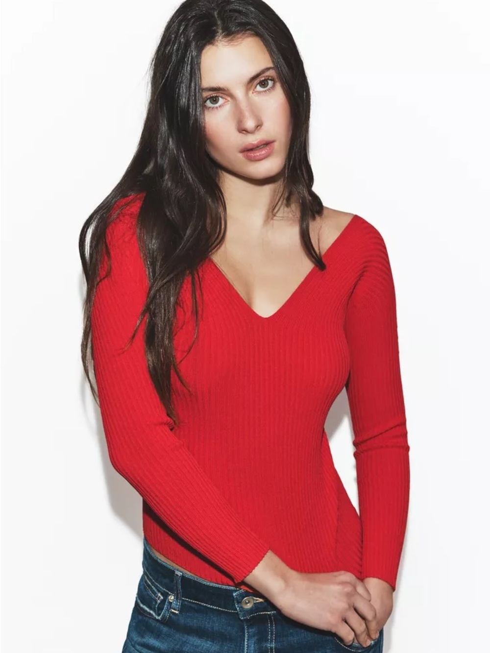 Zara Red V-Neck Fitted Rib Knit Top